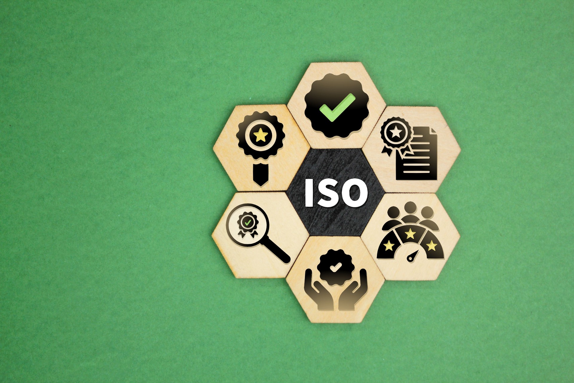 hexagon with iso icons of satisfaction, verified, quality, certified, standardization and assurance. ISO certification process and quality management for business and companies.